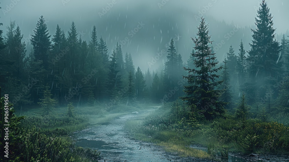 Poster Wet coniferous forest, after the rain, dark sky in the distance. Generative AI.