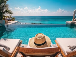Obraz premium pool with blue water and hat on the background of blue sea, sky. realistic photo, relax. 