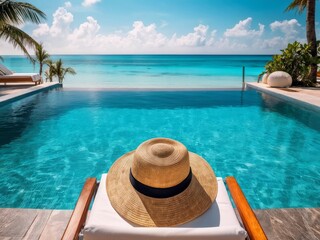Obraz premium pool with blue water and hat on the background of blue sea, sky. realistic photo, relax. 