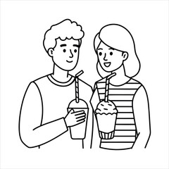 A couple sharing a milkshake with two straws line art vector