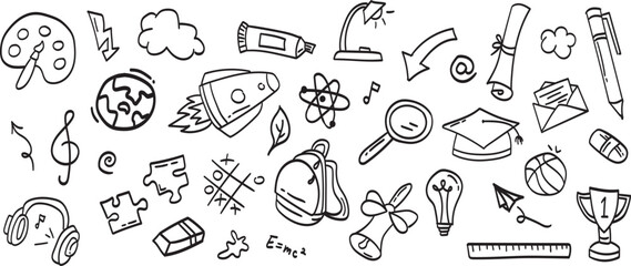 Back to school doodle a large set of elements. Vector illustration in line