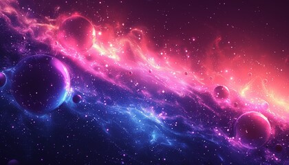 Obraz premium Cosmic Galaxy with Pink and Blue Nebulae and Floating Planets. Space Art Illustration