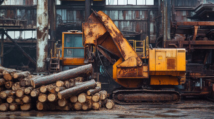 Fototapeta premium A large machine used for picking up and loading logs at a sawmill.