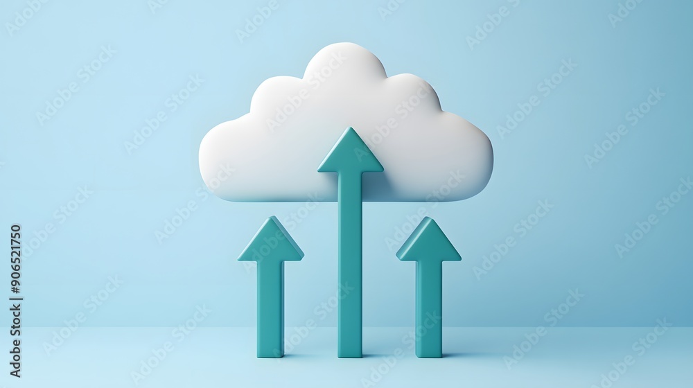 Poster Digital concept of cloud computing with blue arrows pointing upwards on a pastel background. Symbolizing growth and data upload.