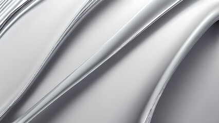 Futuristic abstract background with liquid metal texture and glossy silver and platinum swirls in 3D pattern, featuring undulating wavy lines and a seamless gradient of white and gray hues