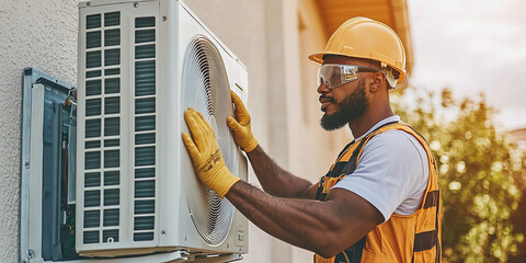 Technician servicing an air conditioner unit. Concept Air Conditioner, Technician Work, HVAC Service, Home Maintenance, Cooling System