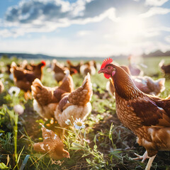 Fototapeta premium Brown hens foraging in a field at sunset, enjoying their freedom and finding food