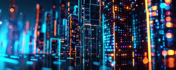 Fototapeta premium A vibrant cityscape at night, featuring illuminated buildings and colorful lights, creating a stunning digital atmosphere.