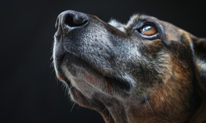 close up portrait of an old dog looking at the sky, isolated on black background with copy space, thoughtful and serene senior canine