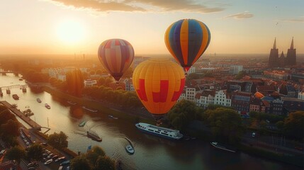 Fototapeta premium 3 hot air balloons in the air over a city. Generative AI.