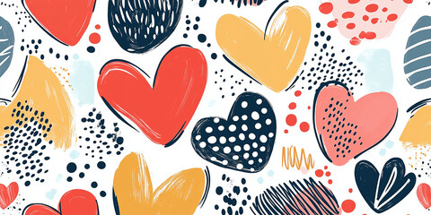 Seamless Patterns: Hand-drawn patterns with hearts, spots, and shapes: Playful hand-drawn seamless pattern featuring hearts, spots, and whimsical shapes