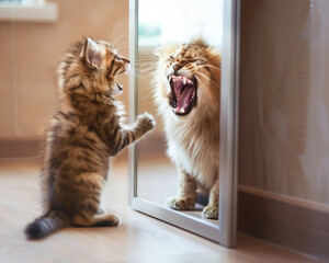 A kitten faces a mirror and sees the reflection of a roaring lion, symbolizing aspirations and inner strength