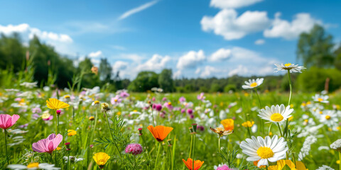 Fototapeta premium Vibrant wildflower meadow under a bright blue sky with daisies and other colorful flowers in full bloom