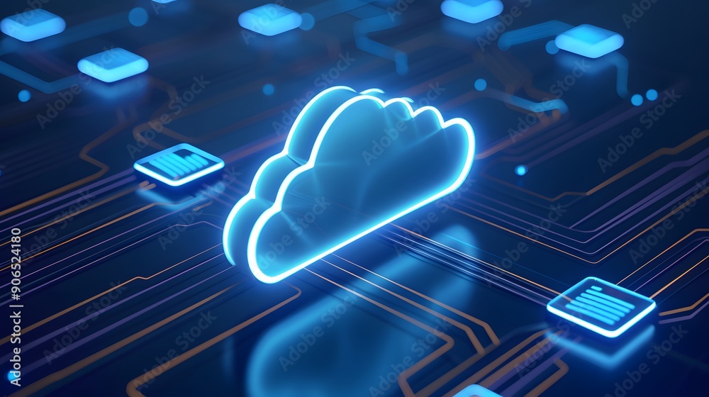 Poster futuristic cloud computing concept image showing a glowing digital cloud and circuit board connectio