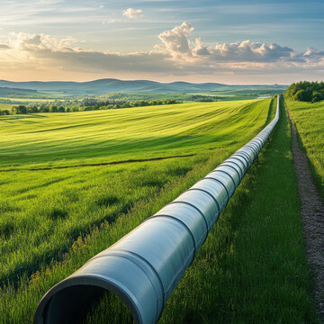 Gas pipeline crosses a green field, delivering gas to far-off areas.