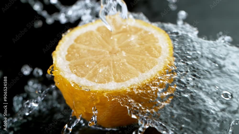 Aufkleber super slow motion of lemon slice with water splashes . isolated on black background. filmed on high 