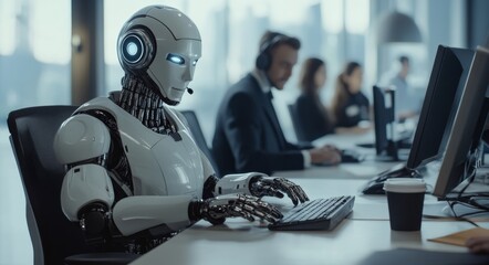 Naklejka premium A humanoid robot sitting at an office desk helping with automation, broad daylight workplace with people around it, artificial intelligence