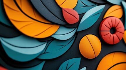 Obraz premium Vibrant abstract design featuring colorful leaves and shapes in various shades, creating a dynamic and artistic texture.
