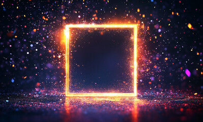 Obraz premium A glowing holographic frame with shimmering particles on a black background, ideal for cyberpunk and digital art themes.