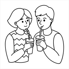A couple sharing a milkshake with two straws line art vector