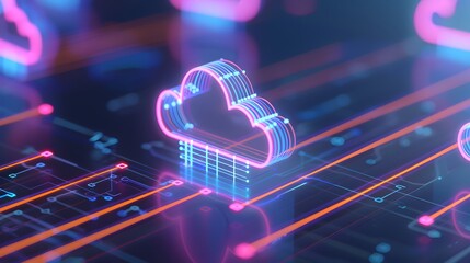 Futuristic cloud computing concept with neon lights and digital connections, illustrating modern technology and data management.