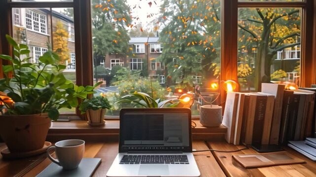 A desk with a laptop, coffee, and books sits beside a window overlooking a view of autumnal trees in a city neighborhood.