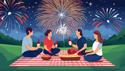 A community gathers to watch the spectacular Indonesian Independence Day fireworks, with people sitting together in a festive and communal setting, celebrating national unity and joy.