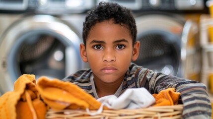 Laundry Day Concept with Contemplative Young Multiracial Boy in Laundromat. Generative ai