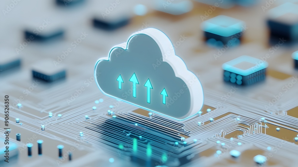 Poster futuristic cloud computing technology represented by a digital cloud with data transfer on a circuit