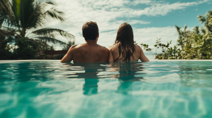 Paar im Meer bei Sonnenuntergang, Sommer, Entspannung, Urlaub, Romantik. Perfekt für Themen wie Freizeit, Erholung, Wellness und sommerliche Urlaubsziele