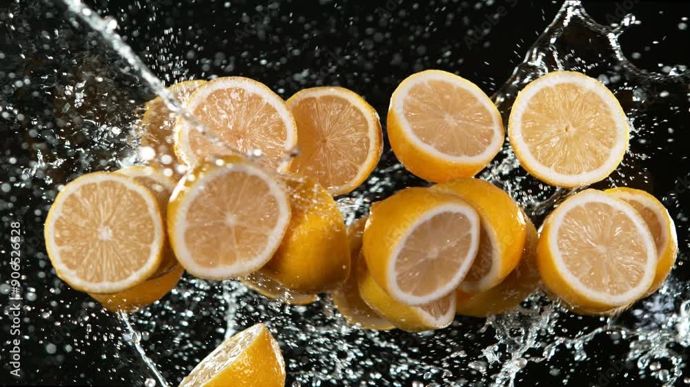 Poster super slow motion of flying lemon slices with water splashes . isolated on black background . filmed