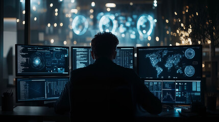 An individual is seated at a workstation with numerous monitors displaying various data, analytics, and global maps, typical of a high-tech environment.