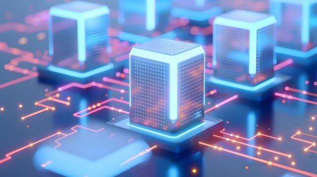 Futuristic data center concept with glowing network and servers, representing advanced technology and digital communication.