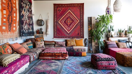 Bohemian Office: A colorful and eclectic workspace featuring patterned rugs, textured cushions, and wall art. The free-spirited vibe encourages individuality and artistic expression.