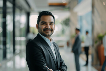 Fototapeta premium A cheerful man in a black blazer poses confidently with his arms crossed in a bright, modern office setting.