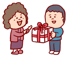 母を想う優しい息子の親孝行のシーン