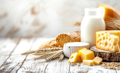 Top view of dairy and grain products on a rustic wooden table background