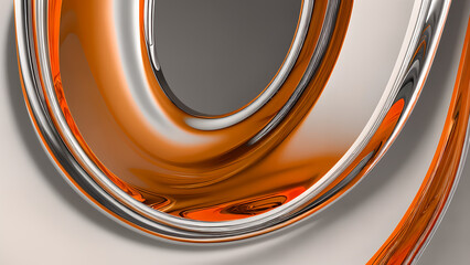 Futuristic abstract background with liquid metal texture and glossy copper and rhodium swirls in 3D pattern, featuring undulating wavy lines and a seamless gradient of gray and orange hues