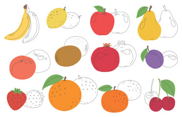 Set of fruits and berries in cartoon style. Edible tasty fruits. Tropical exotic refreshing food. Vector illustration