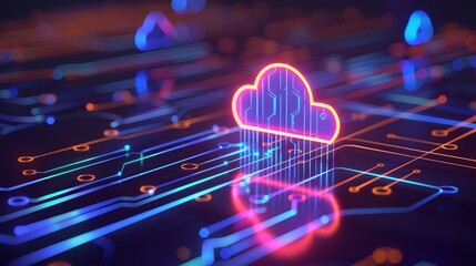 Futuristic neon cloud icon on digital circuit board, representing cloud computing, data storage, and modern technology concepts.