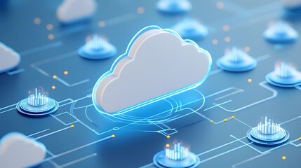 Illustration of cloud computing network with glowing cloud icons representing digital connections and modern technology infrastructure.