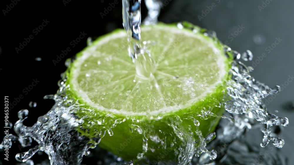 Poster Super Slow Motion of Lime Slice With Water Splashes . Isolated on Black Background. Filmed on High Speed Cinema Camera, 1000 Fps