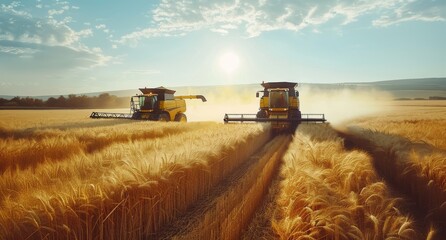 Obraz premium Two yellow harvesters working on a golden field during sunset