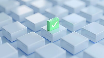 Stands out from the crowd conceptual image with a green box featuring a white check mark among plain white cubes, symbolizing selection.