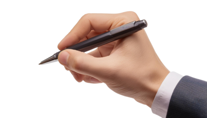 A close-up of a hand holding a pen, poised to write on a blank surface, symbolizing creativity and professional communication.