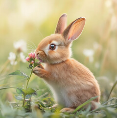 Obraz premium a cute bunny on a field eating a flower