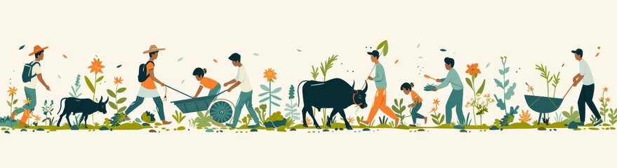 Fototapeta premium illustration of Indian farmers working with oxen in the field