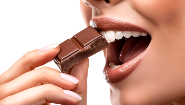 A close-up of a woman savoring a delicious chocolate bar with a joyful expression, highlighting indulgence and pleasure.