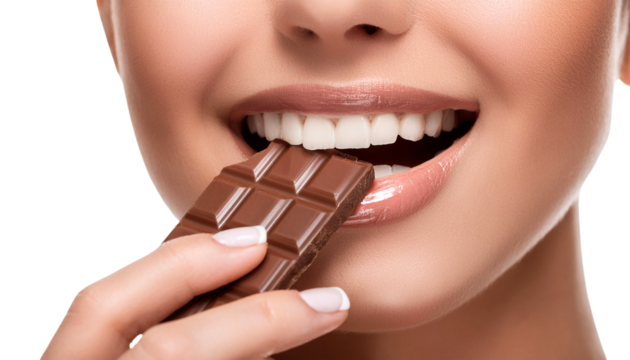A close-up of a woman smiling while holding a chocolate bar, showcasing her beautiful teeth and a joyful expression.