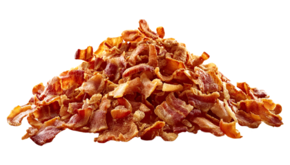 A delicious pile of crispy bacon bits, perfect for adding flavor to any dish or enjoying as a snack.